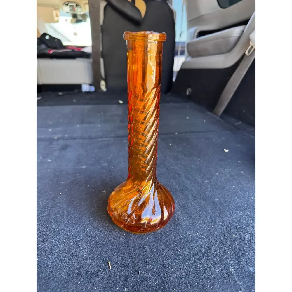 Federal Glass Company amber swirl bud vase wide base twisted neck design vintage